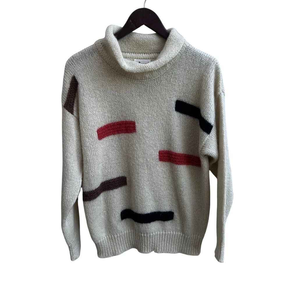 Vtg Abstract Stripe Mohair Blend Knit Sweater Cozy 80s Graphic Size